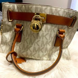 Michael Kors hand bag, white and dark brown with gold accents